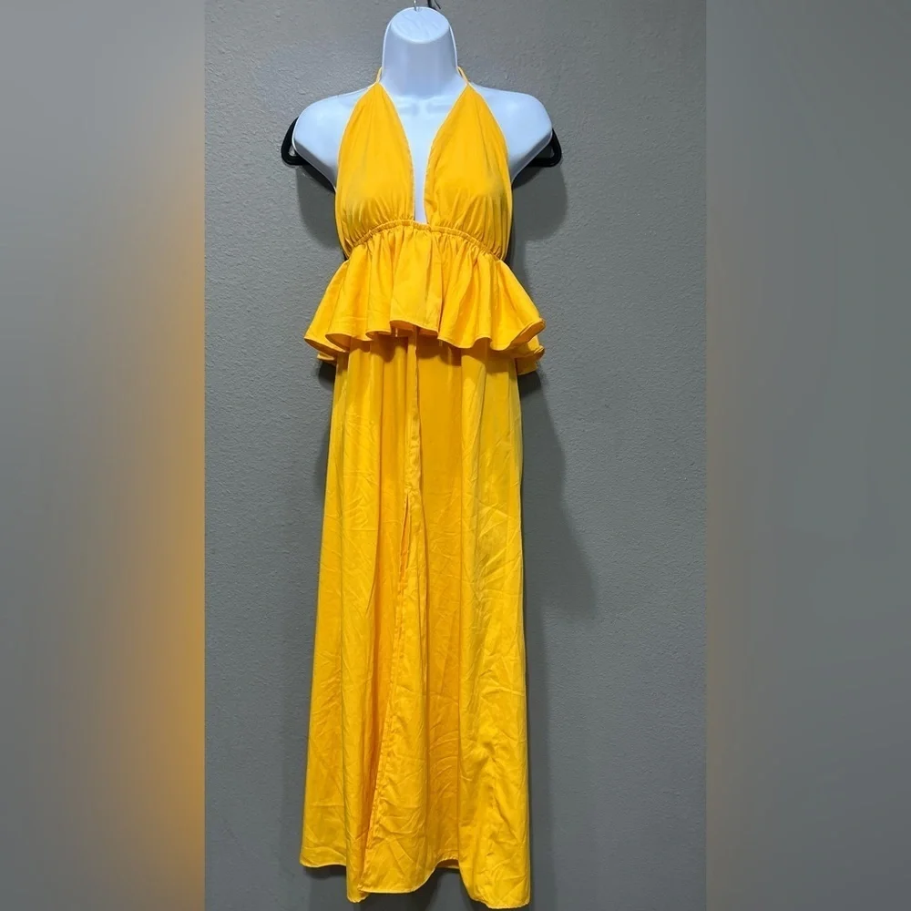 ASOS Gold Yellow Peplum High Slit Halter Swim Cover Dress Size 4